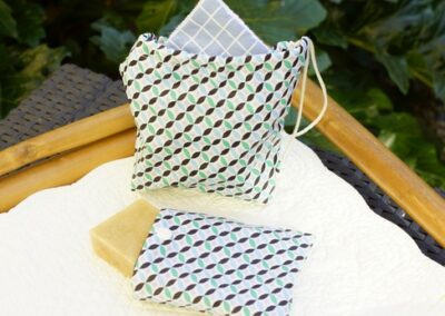 Pochon de lingettes démaquillantes vert et bleu
